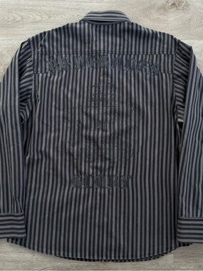 Roar Black Embroidered Striped Renegade Button Up Goth Casual Shirt Mens Size XL